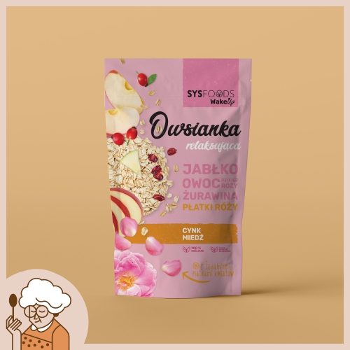 Owsianka Relaksująca z jabłkiem, owocem dzikiej róży, żurawiną i płatkami róży 350 g Dania Babci Zosi.png