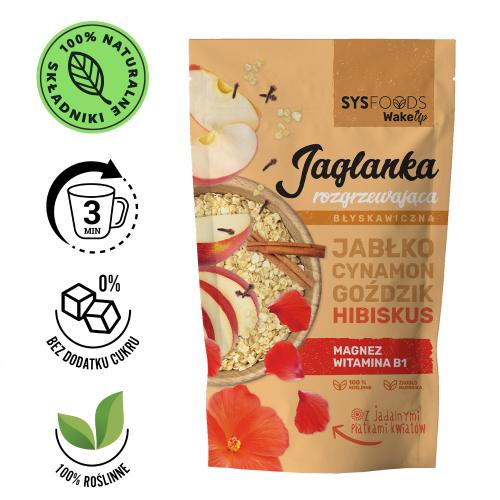 Jaglanka Rozgrzewająca z jabłkiem, cynamonem, goździkiem i hibiskusem 300 g Dania Babci Zosi SYS produkt.png