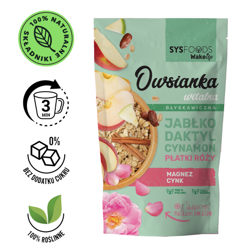 Owsianka Witalna z jabłkiem, daktylem, cynamonem i płatkami róży 350 g Dania Babci Zosi SYS produkt.png