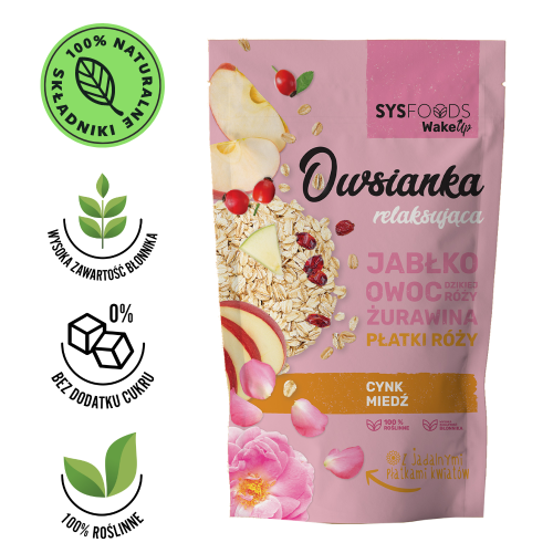 Owsianka Relaksująca z jabłkiem, owocem dzikiej róży, żurawiną i płatkami róży 350 g Dania Babci Zosi SYS produkt.png
